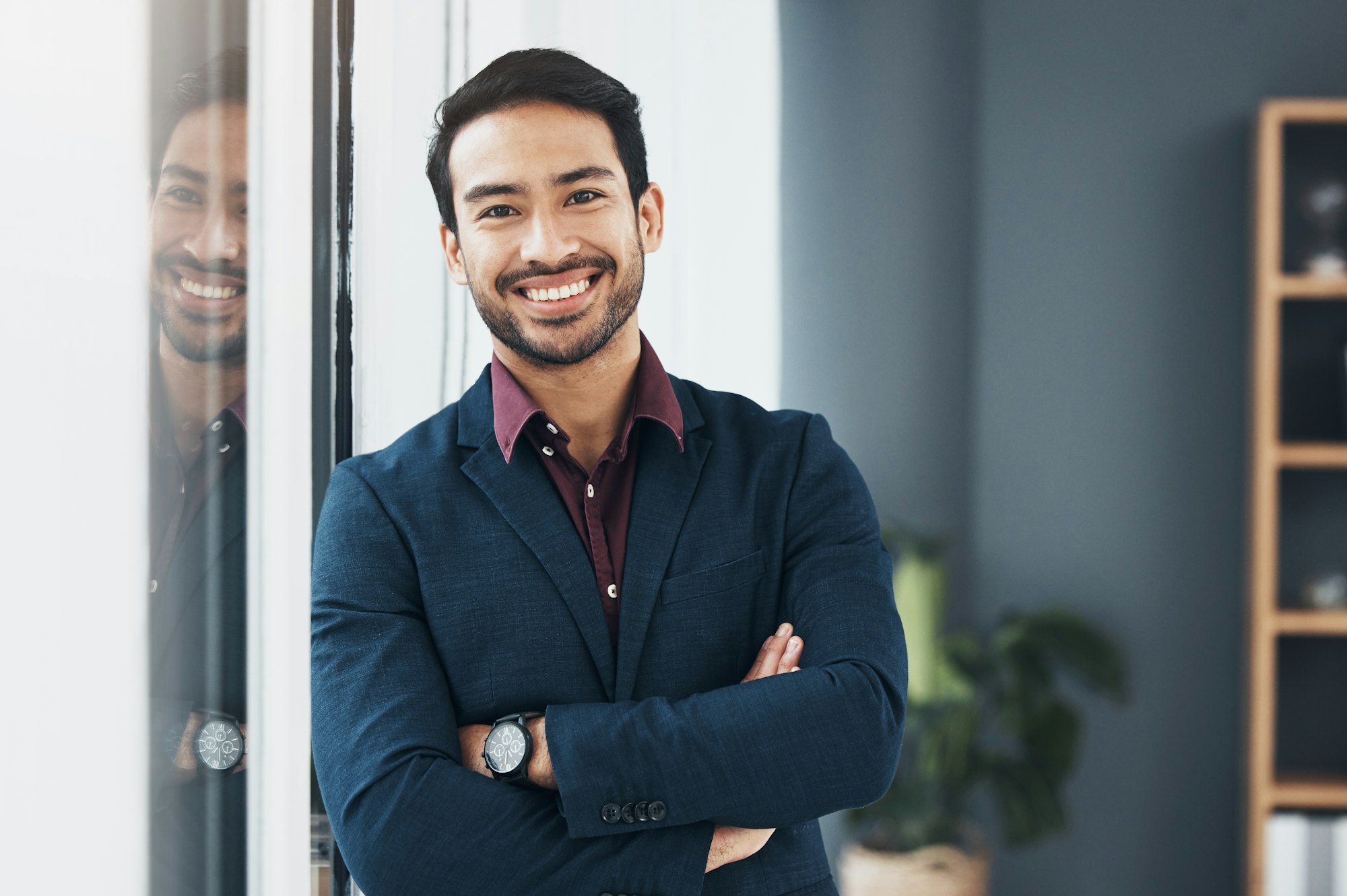 Portrait, leaning and business man happy for startup law firm, corporate development or company suc